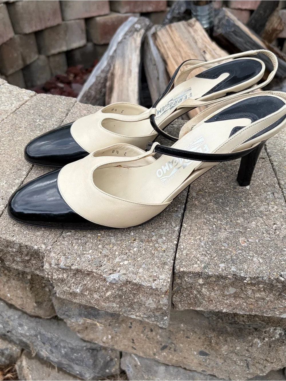 Salvatore Ferragamo Vintage Two-Tone T-Strap Slingback Heels - Picture 7 of 7